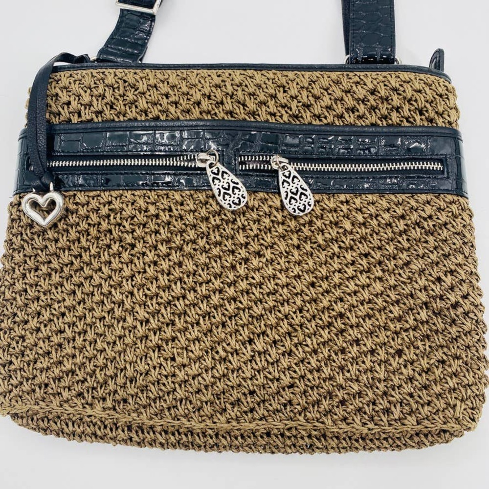 Brighton Brown Black Woven Straw and Leather Messenger Shoulder Bag - Picture 3 of 11